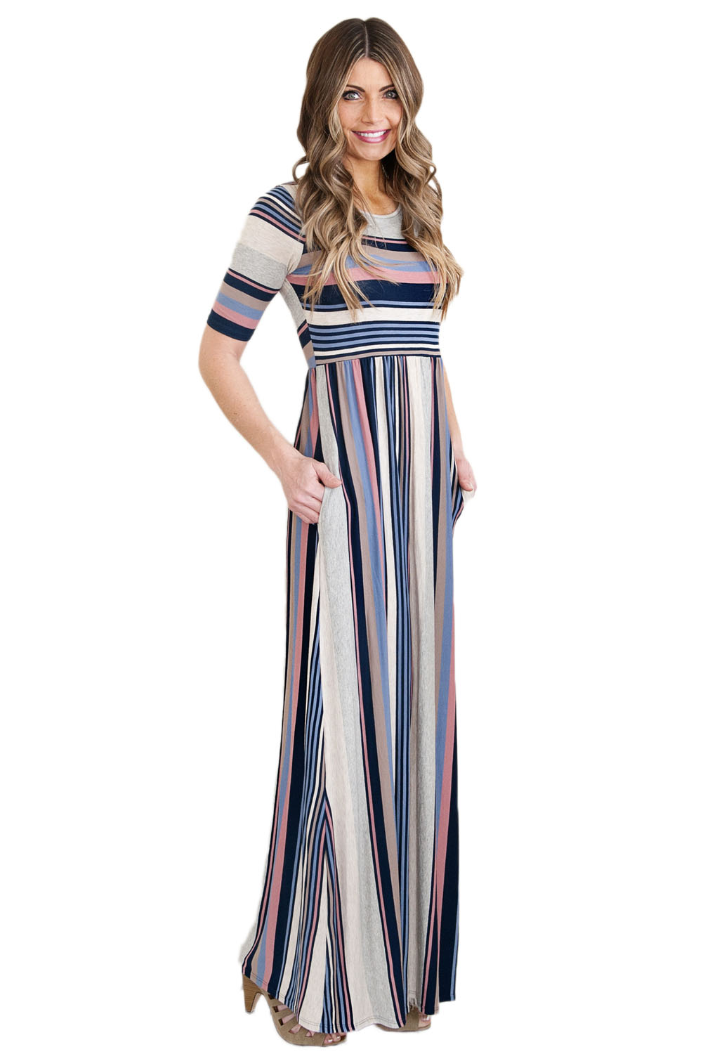 BY61660-5 Muted Multicolor Striped Half Sleeve Casual Maxi Dress